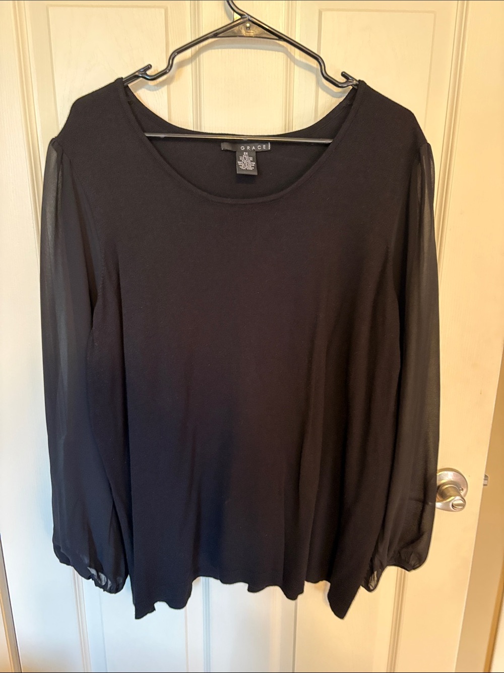 Grace Black Long-Sleeve Sheer-Sleeve Blouse